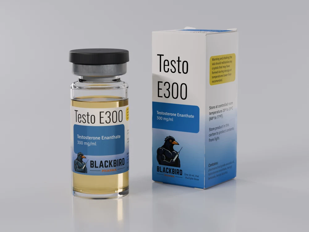 Testo E300 — Testosterone Enanthate 300 mg/ml 10 mL vial and carton (Blackbird Pharma)