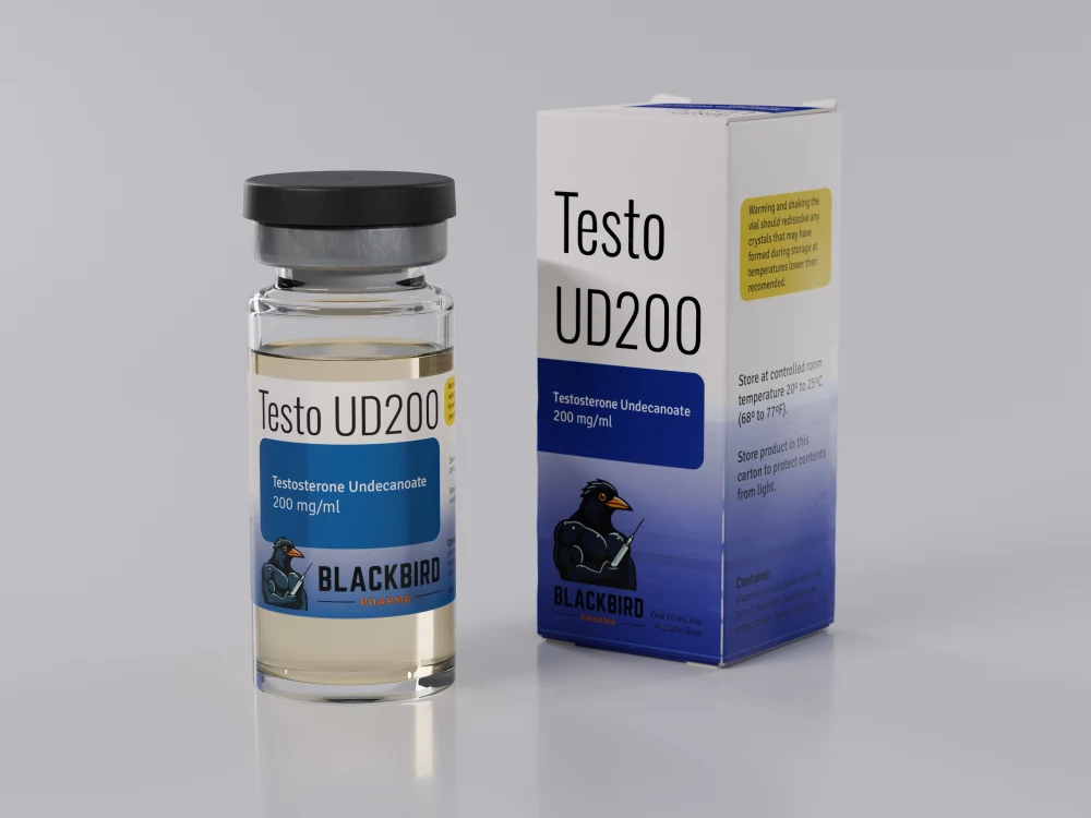 Testo UD200 — Testosterone Undecanoate 200 mg/ml 10 mL vial and carton (Blackbird Pharma)
