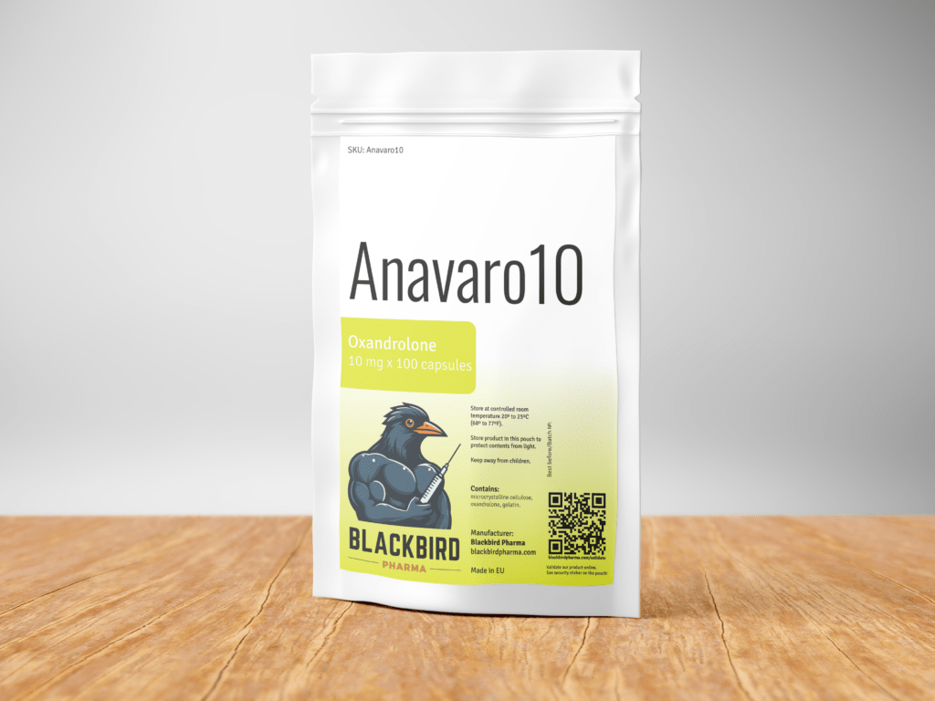 A white pouch containing 100 capsules of Anavar (oxandrolone), 10 mg per capsule