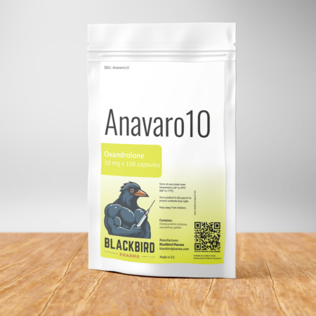 A white pouch containing 100 capsules of Anavar (oxandrolone), 10 mg per capsule