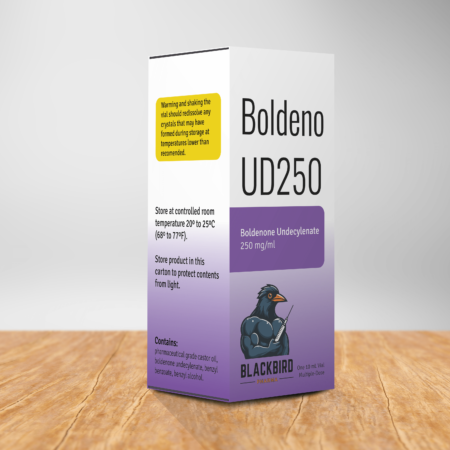 A box of Boldeno UD250 on a table containing a 10 ml sterile solution of equipoise (boldenone undecylenate) 250 mg/ml.