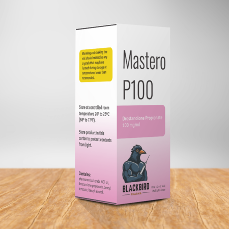 A box of Mastero P100 on a table containing a 10 ml sterile solution of masteron (drostanolone propionate) 100 mg/ml.