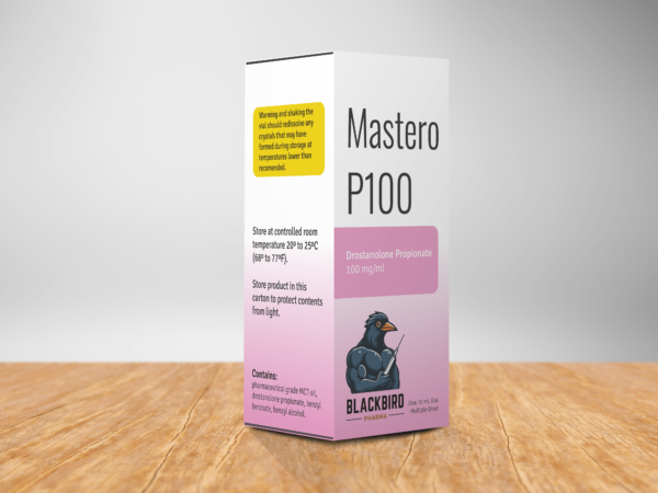 A box of Mastero P100 on a table containing a 10 ml sterile solution of masteron (drostanolone propionate) 100 mg/ml.