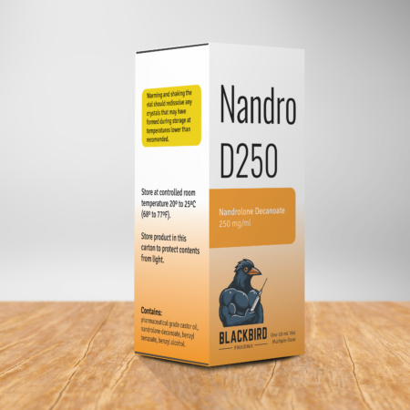 A box of Nandro D250 on a table containing a 10 ml sterile solution of Deca-Durabolin (nandrolone decanoate) 250 mg/ml.