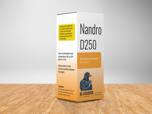 A box of Nandro D250 on a table containing a 10 ml sterile solution of Deca-Durabolin (nandrolone decanoate) 250 mg/ml.