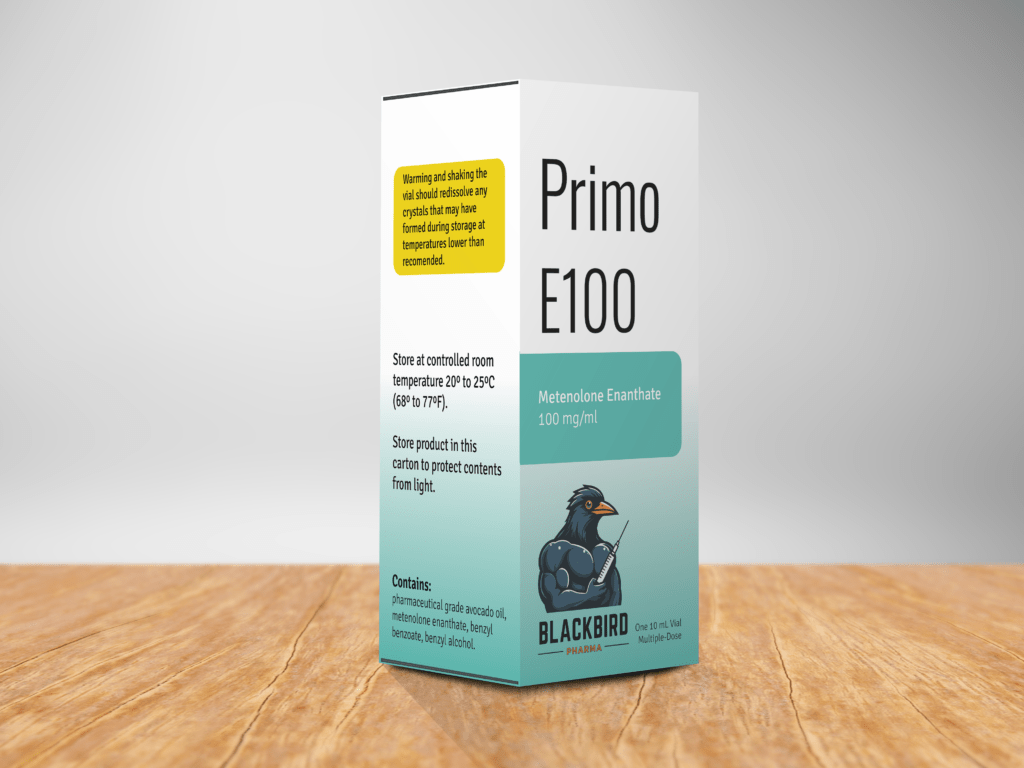 A box of Primo E100 on a table containing a 10 ml sterile solution of primobolan depot (metenolone enanthate) 100 mg/ml.