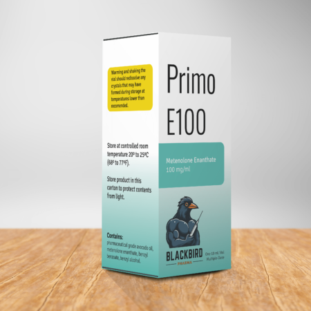 A box of Primo E100 on a table containing a 10 ml sterile solution of primobolan depot (metenolone enanthate) 100 mg/ml.