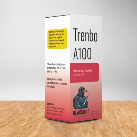 A box of Trenbo A100 on a table containing a 10 ml sterile solution of trenbolone acetate 100 mg/ml.