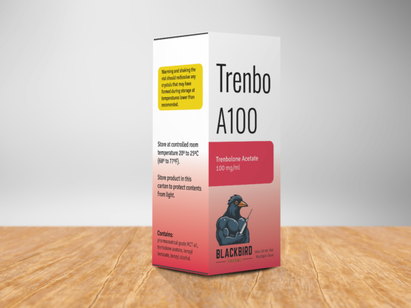 A box of Trenbo A100 on a table containing a 10 ml sterile solution of trenbolone acetate 100 mg/ml.