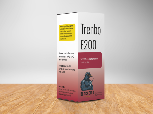 A box of Trenbo E200 on a table containing a 10 ml sterile solution of trenbolone enanthate 200 mg/ml.