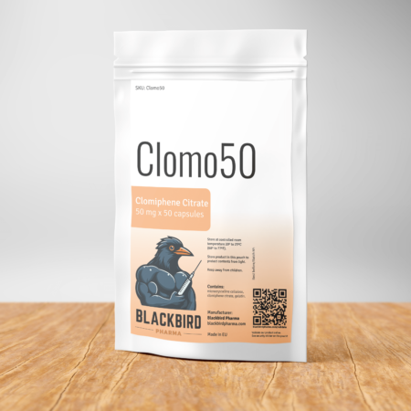 A white pouch containing 50 capsules of Clomid (clomiphene citrate), 50 mg per capsule