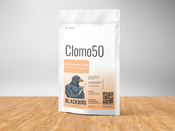 A white pouch containing 50 capsules of Clomid (clomiphene citrate), 50 mg per capsule