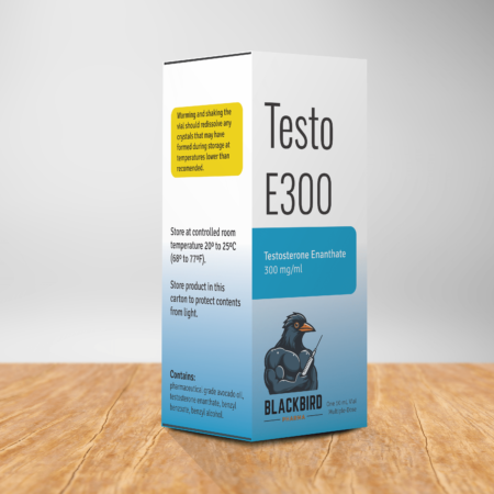 A box of Testo E300 on a table containing a 10 ml sterile solution of testosterone enanthate 300 mg/ml.