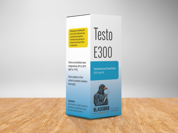 A box of Testo E300 on a table containing a 10 ml sterile solution of testosterone enanthate 300 mg/ml.