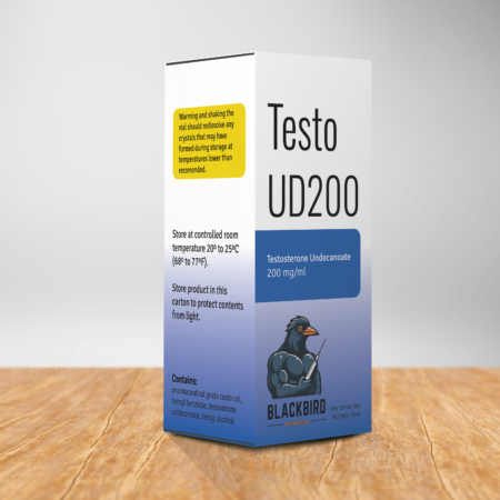 A box of Testo UD200 on a table containing a 10 ml sterile solution of testosterone undecanoate 200 mg/ml.