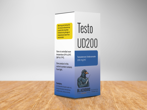 A box of Testo UD200 on a table containing a 10 ml sterile solution of testosterone undecanoate 200 mg/ml.