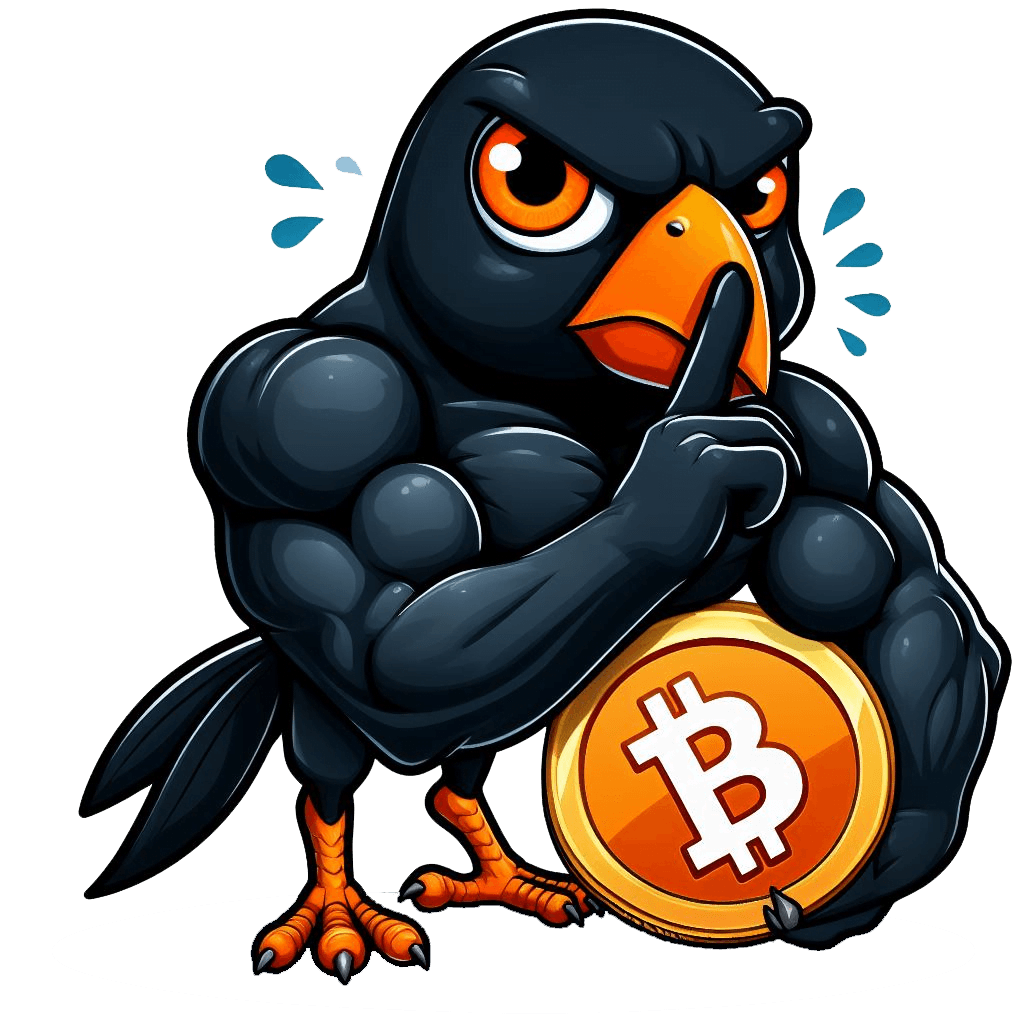 A cartoon of a secretive muscular blackbird holding a bitcoin