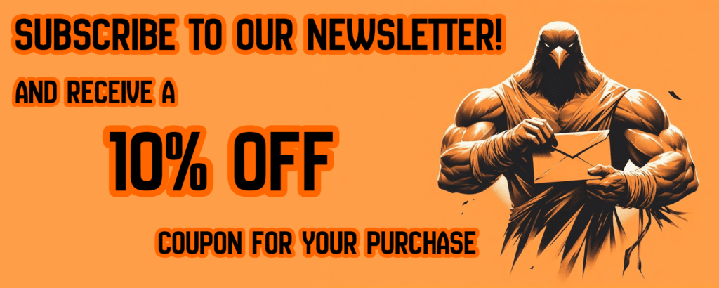 A banner for a newsletter subscribtion coupon with a monochrome orange painting of a muscular blackbird holding a letter