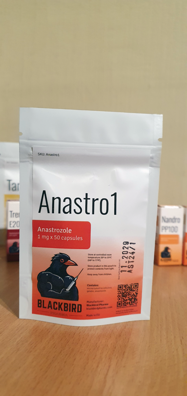 A product display of Anastro1 (Anastrozole 1 mg/capsule) on a wooden tabletop.