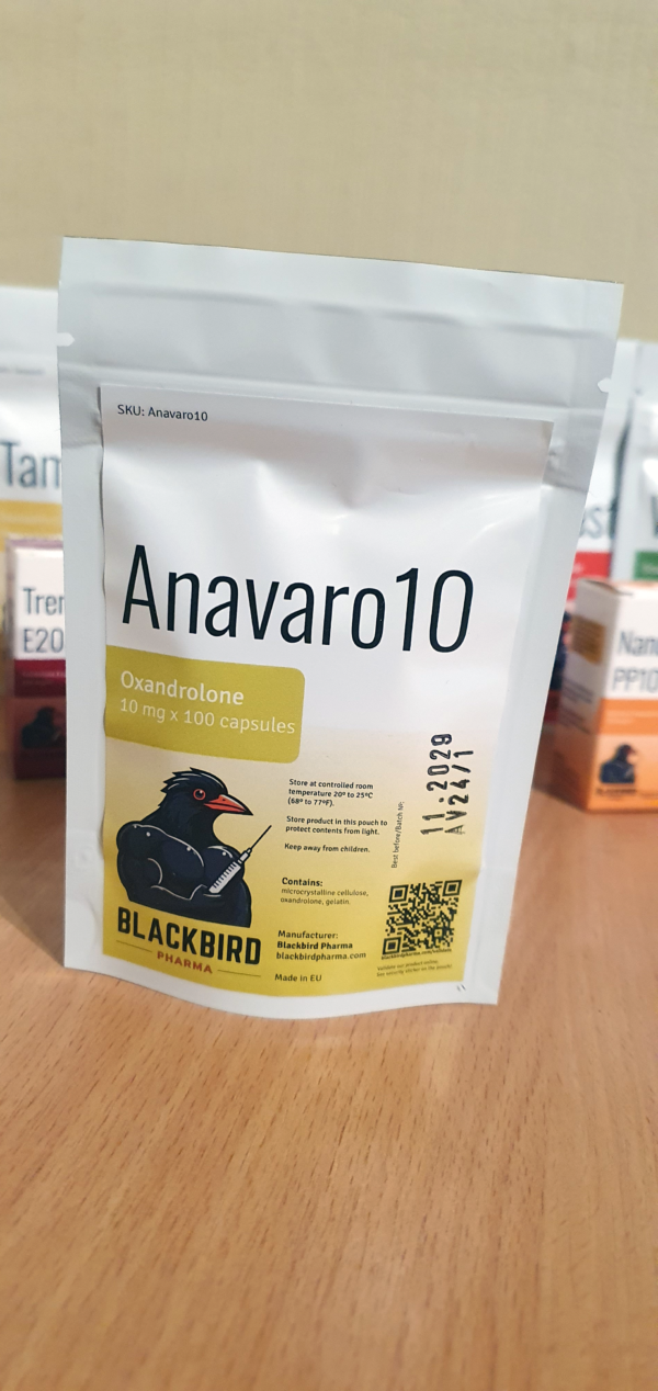 A product display of Anavaro10 (Oxandrolone 10 mg/capsule) on a wooden tabletop.