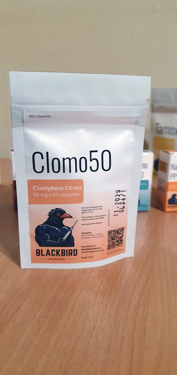 A product display of Clomo50 (Clomiphene citrate 50 mg/capsule) on a wooden tabletop.