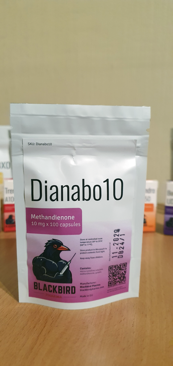 A product display of Dianabo10 (Methandienone 10 mg/capsule) on a wooden tabletop.