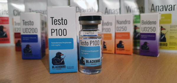 A product display of Testo P100 (Testosterone Propionate 100 mg/ml) on a wooden tabletop.