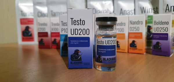 A product display of Testo UD200 (Testosterone Undecanoate 200 mg/ml) on a wooden tabletop.